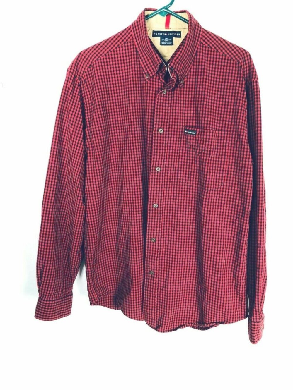 Tommy Hilfiger Button Up Shirt Long Sleeve Mens L Red Plaid Checks Cotton